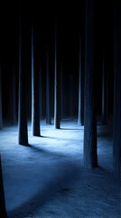 Moonlight in snowy forest, mystical night scene