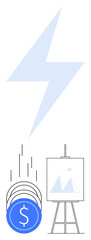 Fototapeta premium Lightning bolt above falling coins and a canvas on an easel with mountain scene. Ideal for finance, investment, startup, innovation, creativity, business growth, marketing. Line metaphor