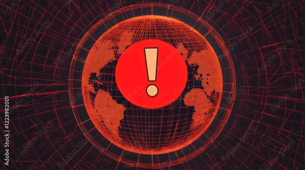 Poster a red warning icon with an exclamation mark placed over a globe wrapped in a digital grid, symbolizi