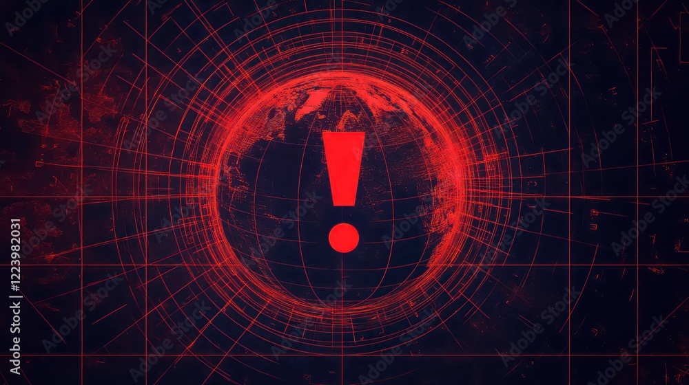Aufkleber a red warning icon with an exclamation mark placed over a globe wrapped in a digital grid, symbolizi
