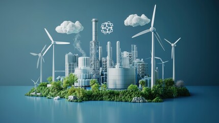 A futuristic 3D icon of eco-friendly factory design, featuring clean energy symbols and a team collaboration overlay. Blue industrial backdrop