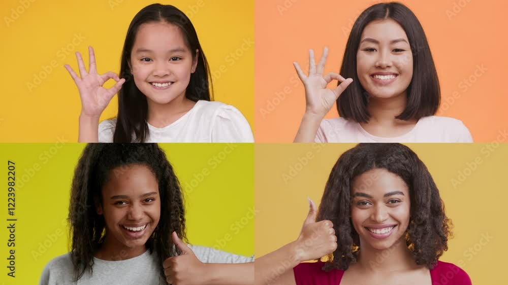 Poster Four individuals showcase joyful gestures against bright colored backgrounds. Each person displays unique emotions, creating a dynamic and engaging collection.