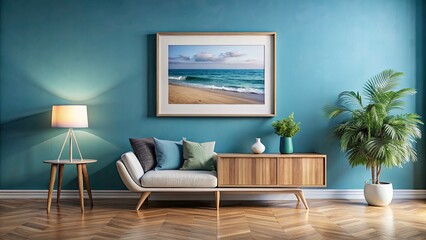 Blank Horizontal Decorative Art Transparent Frame Mock-Up on Blue Wall for Stylish Interior Design Inspiration