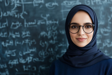 A young Middle Eastern woman wearing a navy hijab, round glasses, and a navy top, standing in front of a chalkboard filled with handwritten mathematical equations