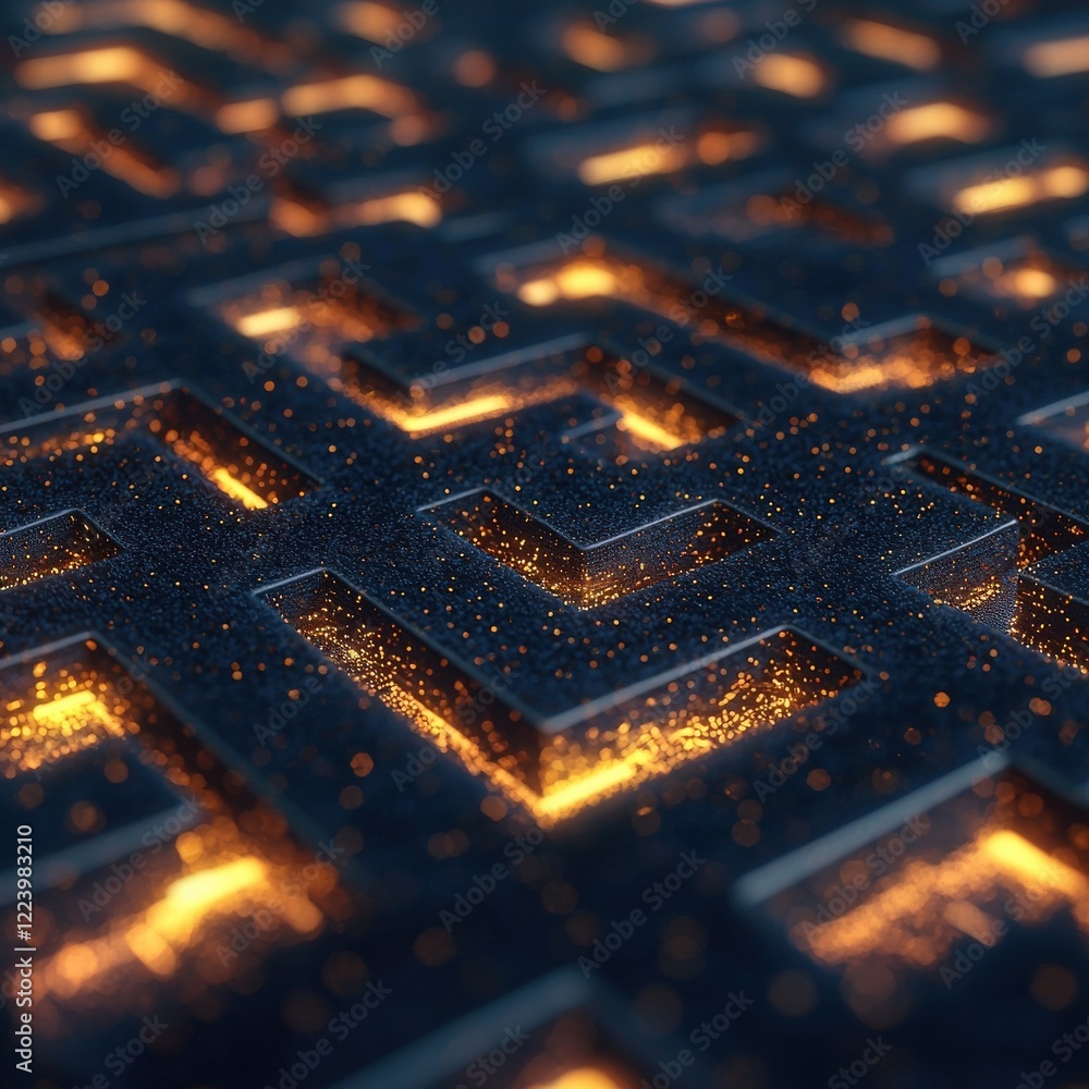 Poster glowing abstract geometric pattern with sparkling elements in dark background for creative designs
