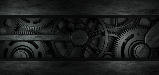 Black Cog and Gear Wheels Inside a Machine with Industrial and Mechanical Design