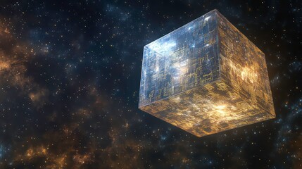 A semi-transparent data cube floating in space, with visible layers of code running through it, symbolizing data encryption and layers of information.