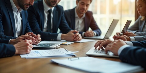 Businesspeople sit around table in conference room. Working together with papers documents, laptops. Analyze business strategy, plan. Teamwork, collaboration key aspects in discussion. Progress,