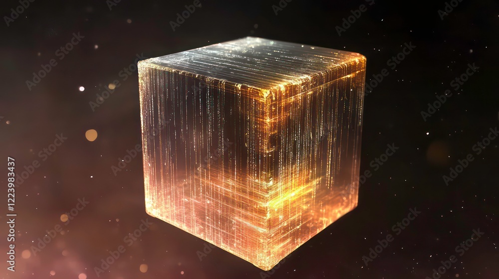 Poster a semi-transparent data cube floating in space, with visible layers of code running through it, symb