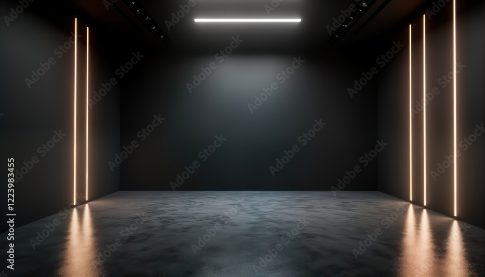 Poster dark studio interior with bright lights. minimalist design. abstract shapes, patterns. smooth surfac