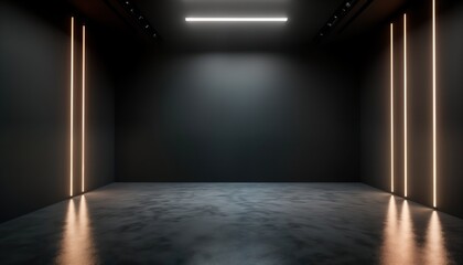 Dark studio interior with bright lights. Minimalist design. Abstract shapes, patterns. Smooth surfaces. Reflections on floor. Futuristic feel. Ideal for tech products art. Dynamic scene. Modern.