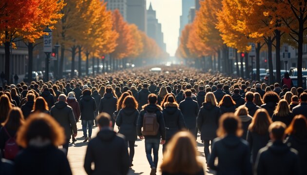 Massive crowd of people walk on city street. Urban scene. Many people walking in busy city. Everyday life. Busy street. Lots of people. Daytime. City center. Walking people. Busy life in city. People