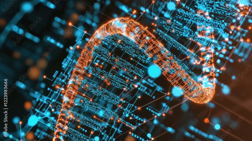 Aufkleber abstract representation of dna structure with glowing lines and digital matrix in blue and orange to