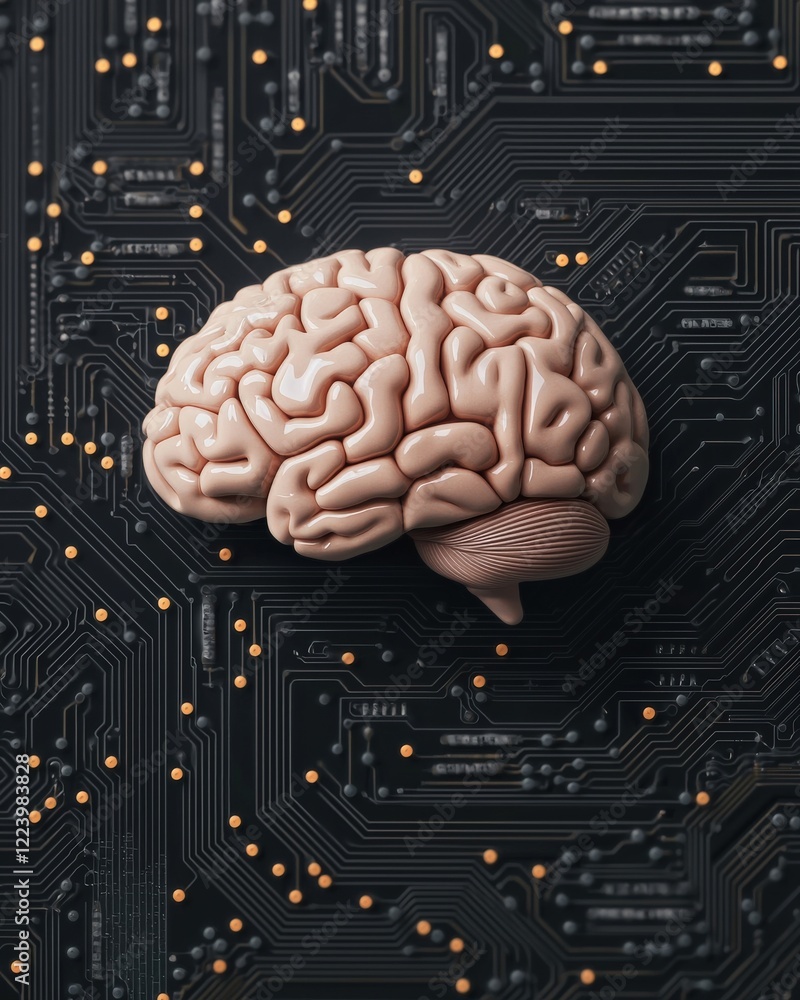Aufkleber human brain on circuit board background representing technology and neuroscience integration in mode