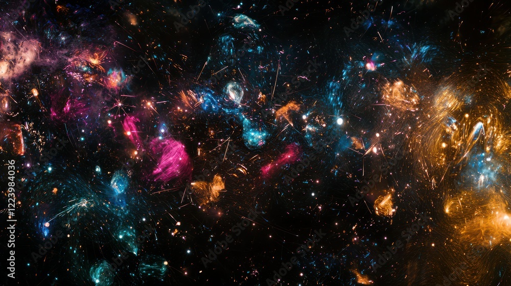 Poster a panoramic view of a new yearâ€™s eve firework display, with various colors and shapes creating a m