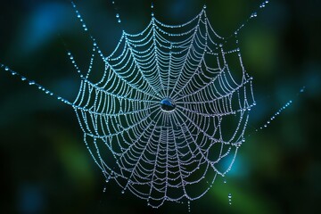 Naklejka premium Sparkling Spiderweb: A Close-Up Glimpse of Dew-Covered Nature's Intricate Creation Reflecting Light and Life