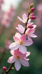 Obraz premium soft pink to white flowers unfolding along the stem, willow, blooms, tree