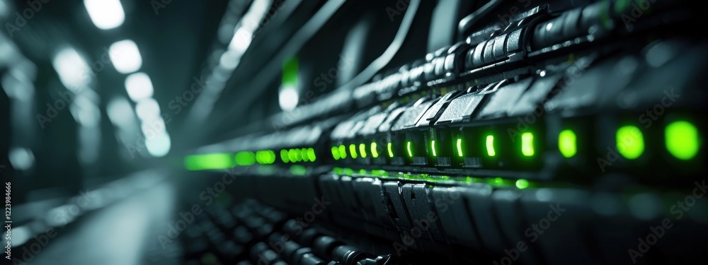 Poster futuristic network cables with neon lights in a dark server room creating high-tech atmosphere and d