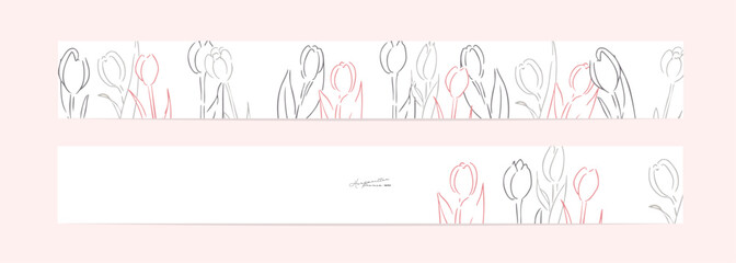 線画。チューリップの線画ベクターイラストセット。春のチューリップ背景。Line drawing. Tulip line drawing vector illustration set. Spring tulip background.