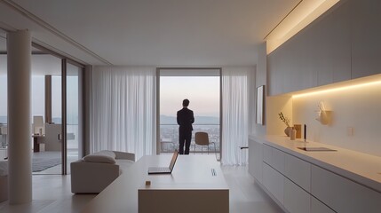 Man silhouetted against panoramic city view from modern apartment's large window.