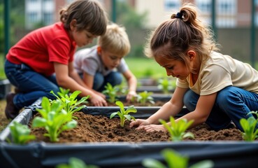 Focused children plant seeds in garden beds. Group of school students actively plant seedlings. Eco-friendly school project in nature. Youth learning about gardening. Teamwork, hands-on learning.