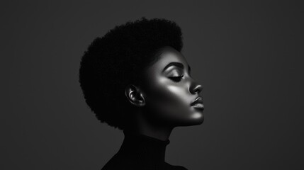 Serene Black and White Portrait of a Woman with Short Curly Hair