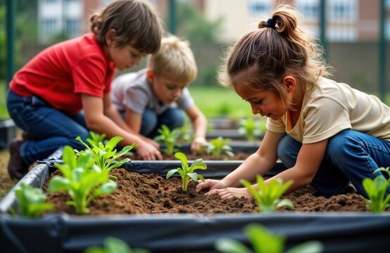 Focused children plant seeds in garden beds. Group of school students actively plant seedlings. Eco-friendly school project in nature. Youth learning about gardening. Teamwork, hands-on learning.