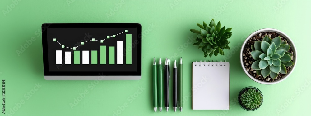 Poster modern workspace with tablet displaying growth chart and green plants on minimalist desk background