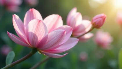 Fototapeta premium soft pink to white flowers unfolding along the stem, willow, petals