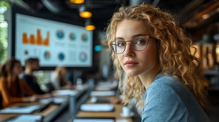 Confident businesswoman in glasses at meeting.