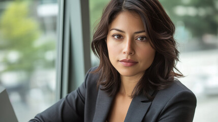 Naklejka premium Cinematic portrait of woman in business suit, showcasing confidence and professionalism. soft lighting highlights her features, creating engaging atmosphere
