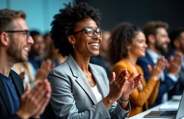 Diverse business group applauds company success. Professional people in business attire celebrate achievement during conference seminar. Black woman smiles brightly. Scene captures collaboration,