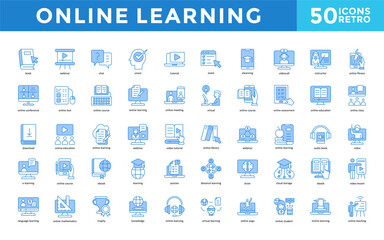 Online learning icons set with book, webinar, chat, smart, tutorial, exam, e learning, video call, instructor, online fitness icon. Simple retro vector 
