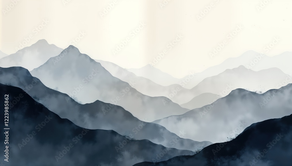 Poster misty mountainscapes soft gray colors. abstract minimalist watercolor illustration evokes calm seren