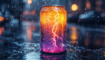 hyper-realistic energy drink can with electric lightning and vibrant colors on wet surface