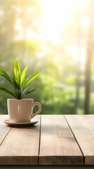 Plant in cup, wood table, sunlit scene, nature background