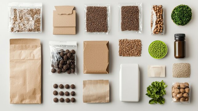 Collection of Various Natural Ingredients and Packaged Products for Health and Wellness on a Light Background