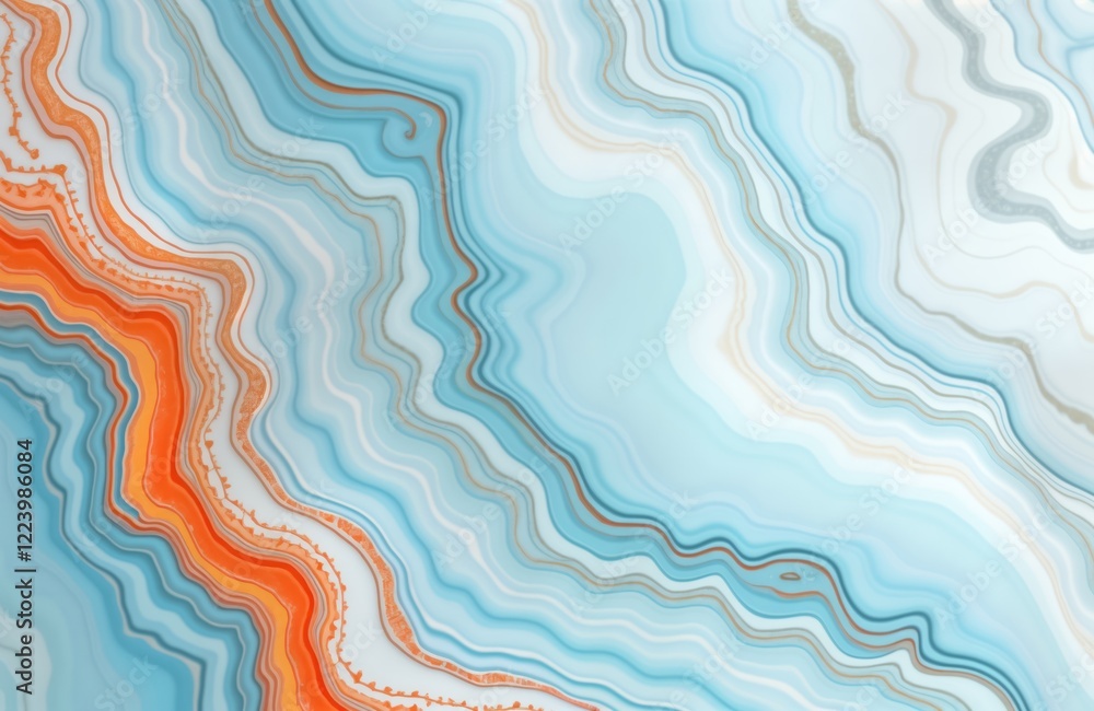 Poster Abstract marble texture design with blue, orange wavy patterns. Background design suitable for various applications. Modern abstract art style. Natural stone look. Creative design for interior design