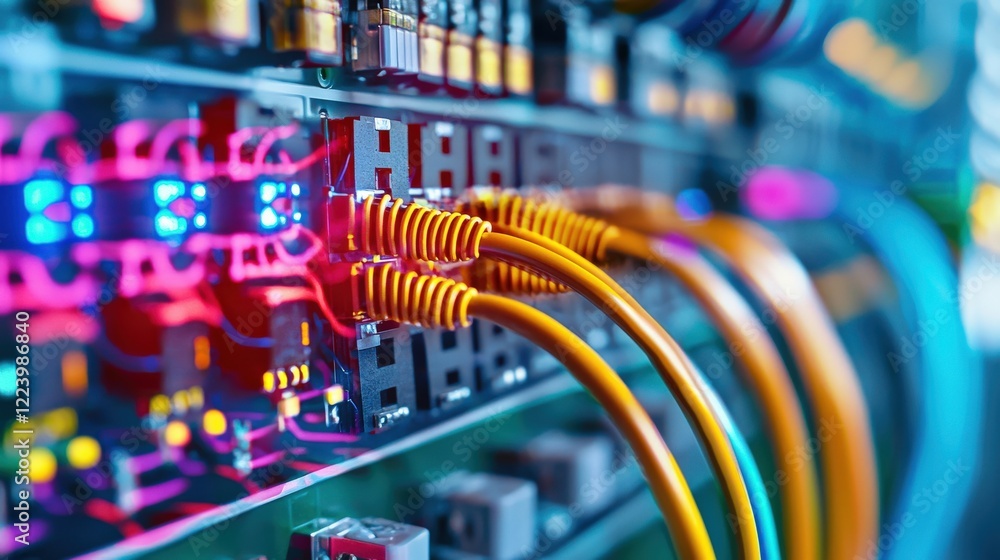 Poster colorful ethernet cables connected to network switch in modern data center with glowing lights and t