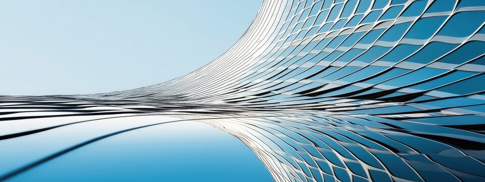 Abstract architectural design with curved glass facade reflecting blue sky and creating dynamic visual effect