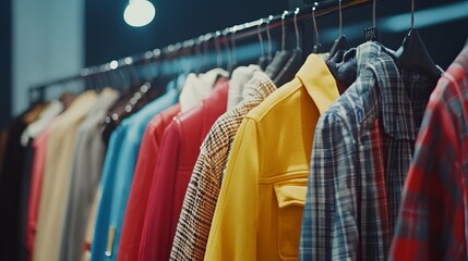 Obraz premium Trendy women's clothing collection displayed on hangers in modern fashion showroom