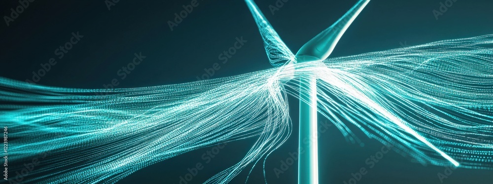 Poster abstract representation of a wind turbine generating energy with flowing lines and dynamic light eff