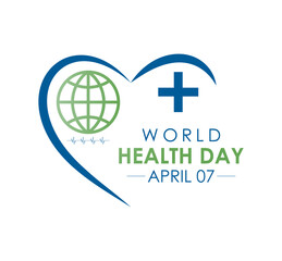 World health day. The goal is to create a world and people that are healthy and happy. Design of earth, heart, stethoscope. Design for banner, cards, prints, social media, poster, flyer and background