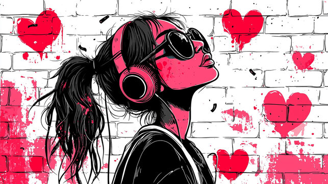 junge Frau mit Sonnenbrille und Kopfh&ouml;rer beim Musik h&ouml;ren im pink schwarz wei&szlig; Sketch Artstyle. Querformat mit Platz f&uuml;r Text. 16:9 Format. Generative AI.