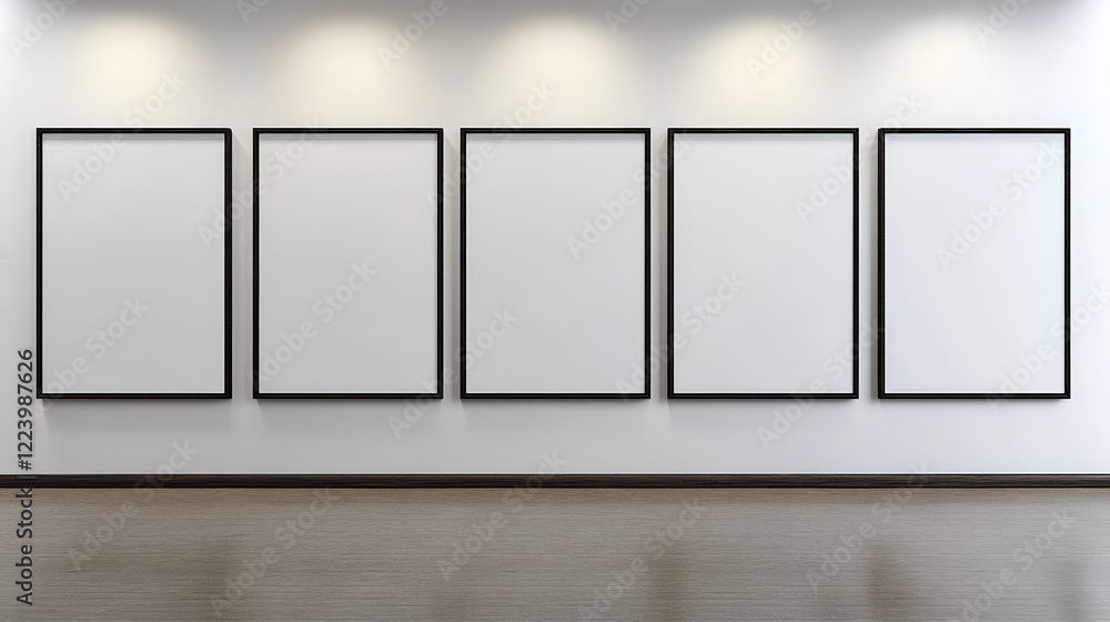 Poster minimalist interior design featuring five empty picture frames arranged in a row on a clean white wa