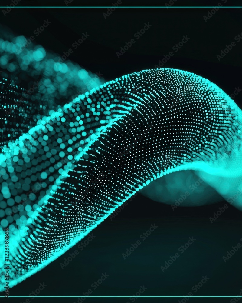 Poster abstract wave of vibrant cyan dots on dark background creating a modern digital aesthetic