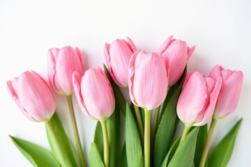 Fototapeta premium Soft pink tulips bloom on a crisp white canvas, Tulips White Background Pink Flowers Isolated, Fresh Flowers