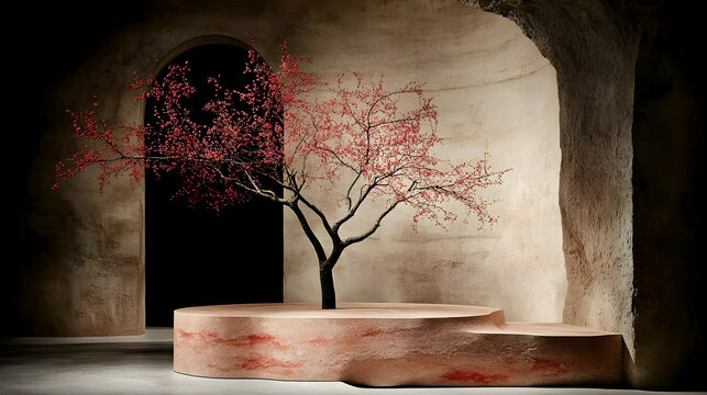 Red tree in cave interior;  organic seating