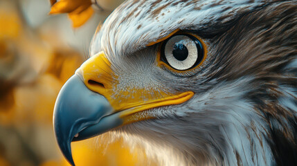 Close up of eagle eye showcasing its sharp vision and vibrant feathers, surrounded by warm, golden background. image captures majestic beauty of this bird of prey