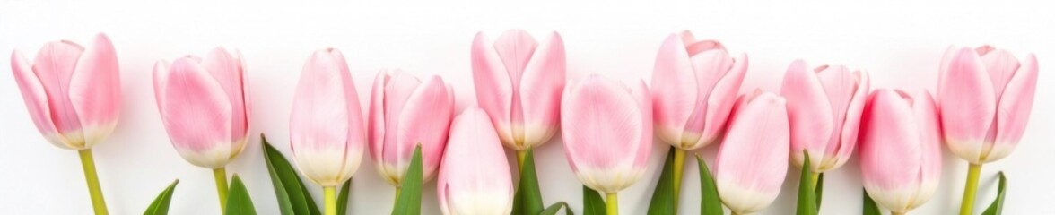 Fototapeta premium Soft pink tulips bloom on a crisp white canvas, Tulips White Background Pink Flowers Isolated, White Decor, Colorful Garden